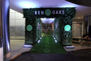 Current entrance decorated in green and with a green carpet