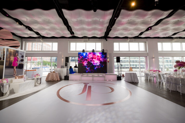 Custom Dance Floor Ideas from a White and Pink Bat Mitzvah at Current, Pier 59 - The Pier Sixty Collection