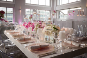 Stunning table settings from a White and Pink Bat Mitzvah at Current, Pier 59 - The Pier Sixty Collection