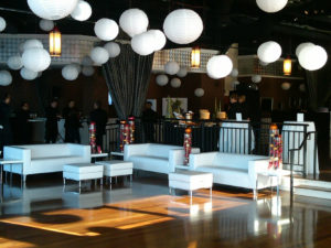 Giant white orbs above sitting area