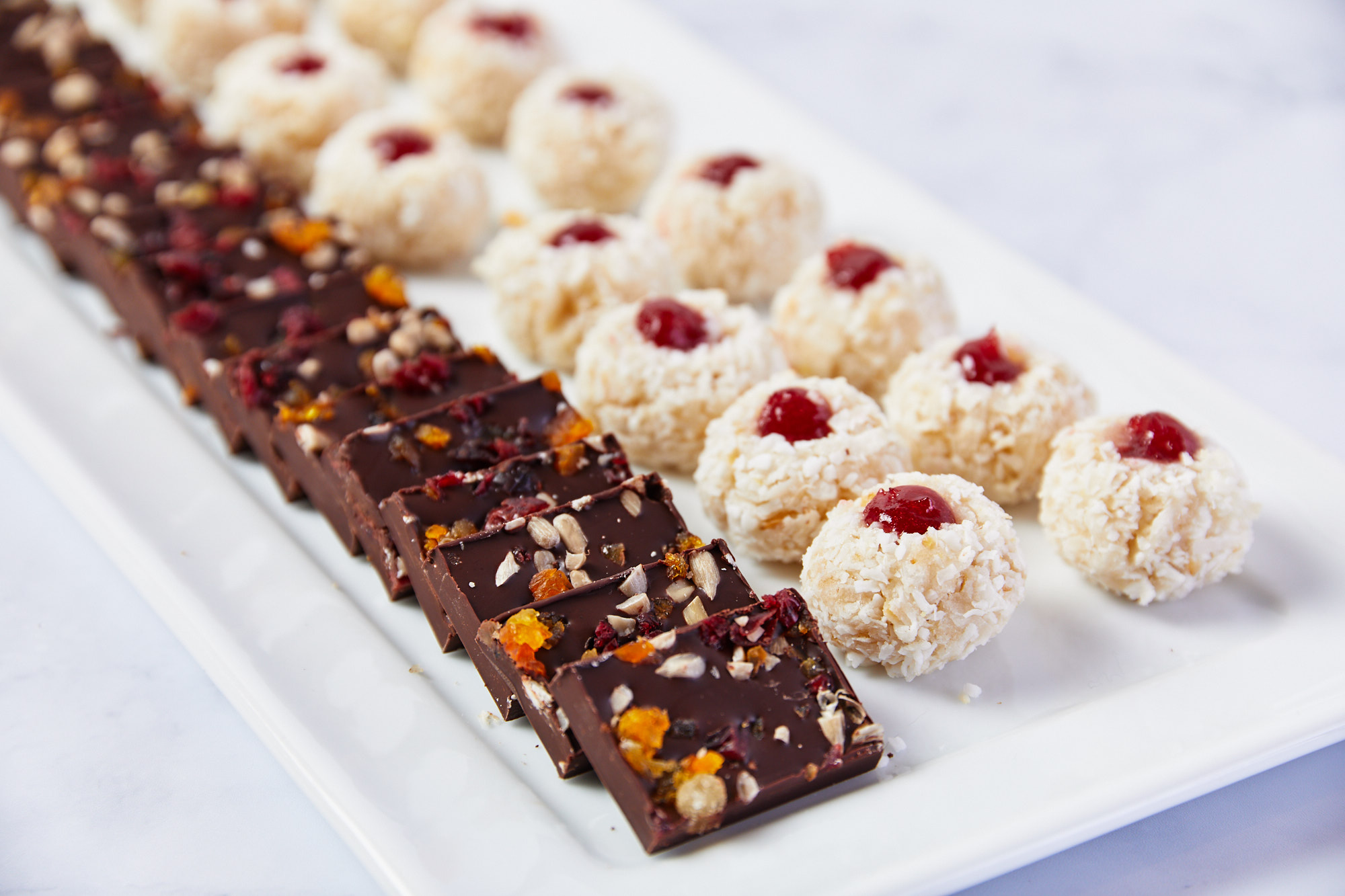 Butlered Sweets: Chocolate Fruit Mendiant, Cherry Coconut Macaroons